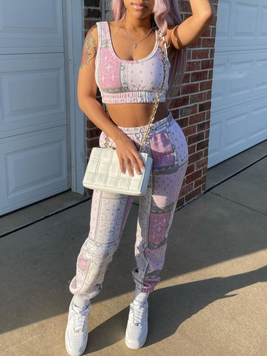 

Lovely Street U Neck Cashew Print Pink Two Piece Pants Set