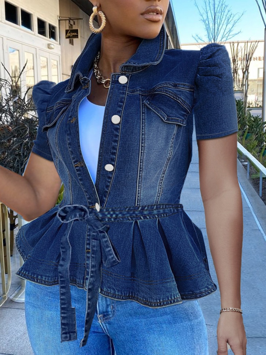 

Lovely Street Bandage Ruffle Design Blue Denim Coat