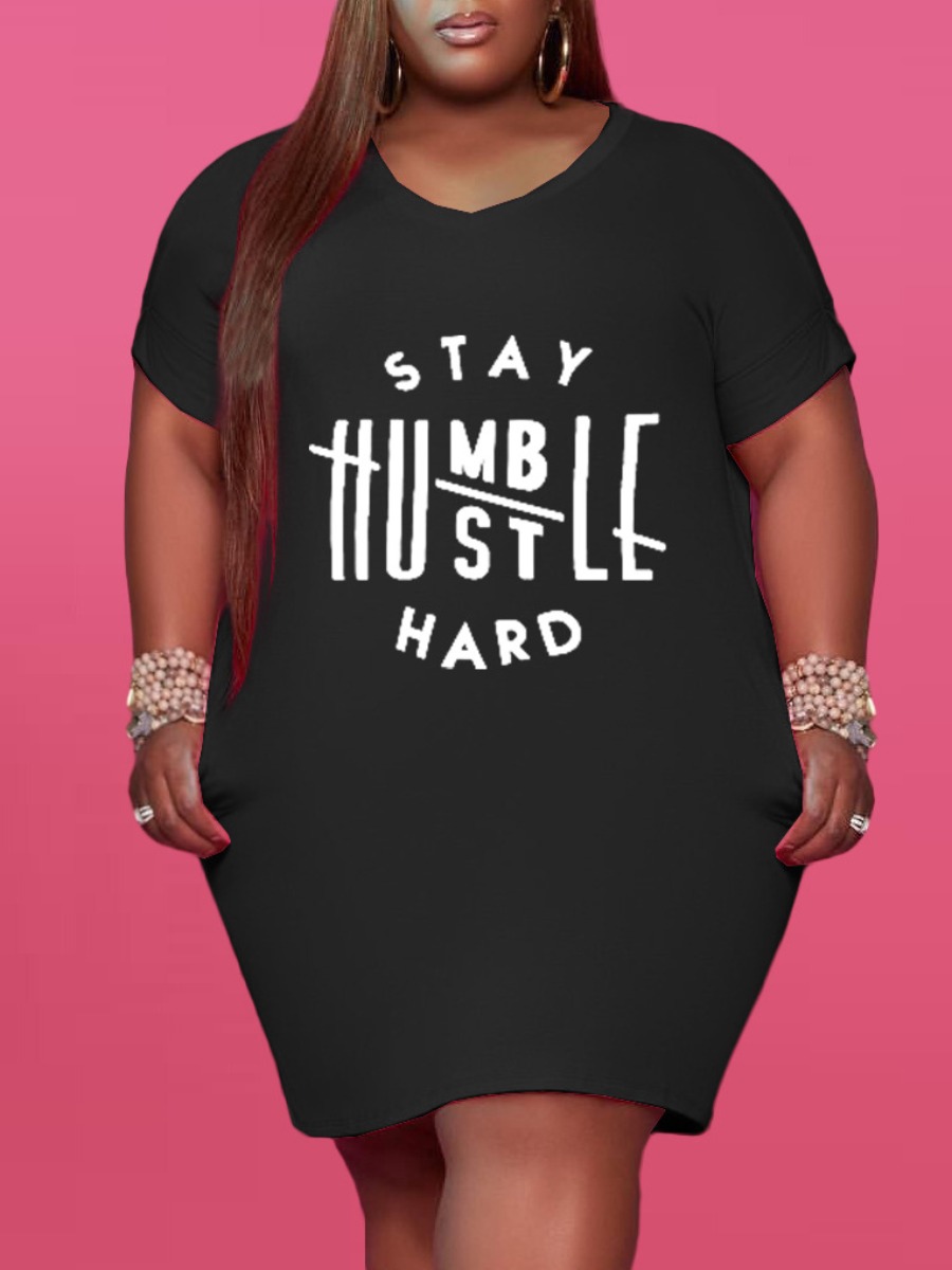 

Lovely Plus Size Casual V Neck Letter Print Black Mini Dress