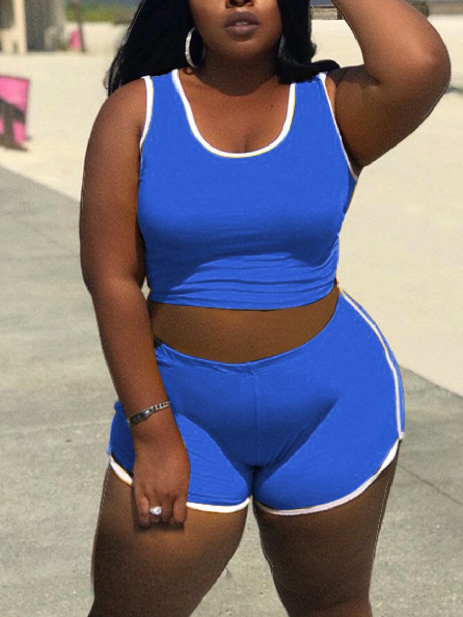 

Lovely Plus Size Sporty U Neck Striped Blue Two-piece Shorts Set