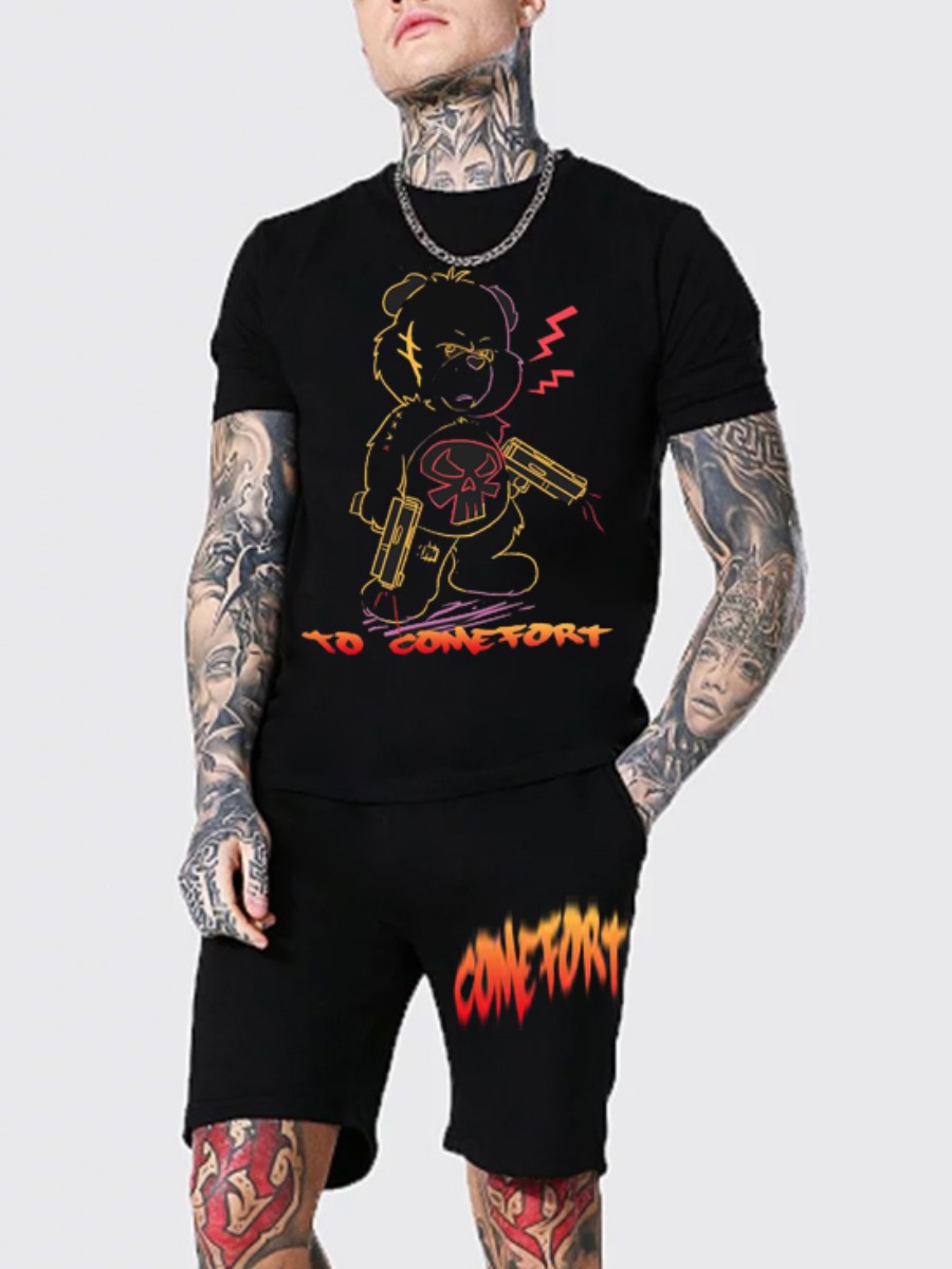 

Lovely Men Casual Cartoon Letter Print Black Two Piece Shorts Set