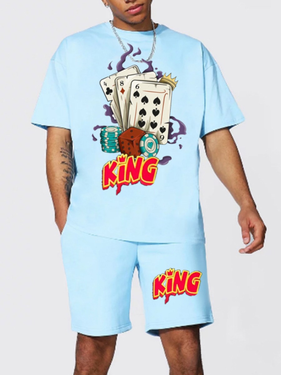 

Lovely Men Street Poker Letter Print Canal Blue Two Piece Shorts Set