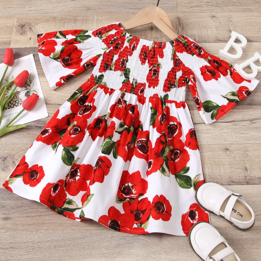 

Lovely Girl Sweet Floral Print Flounce Design Red Knee Length Dress