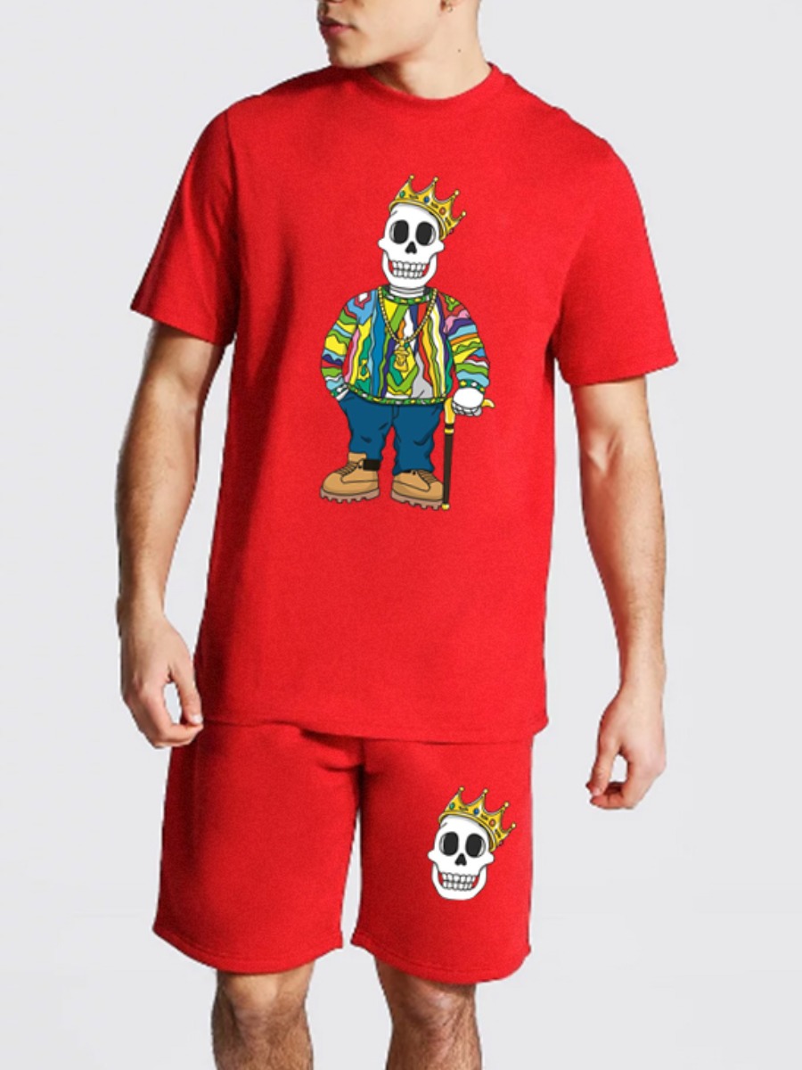 

Lovely Men Casual Cartoon Skull Head Print Red Two Piece Shorts Set