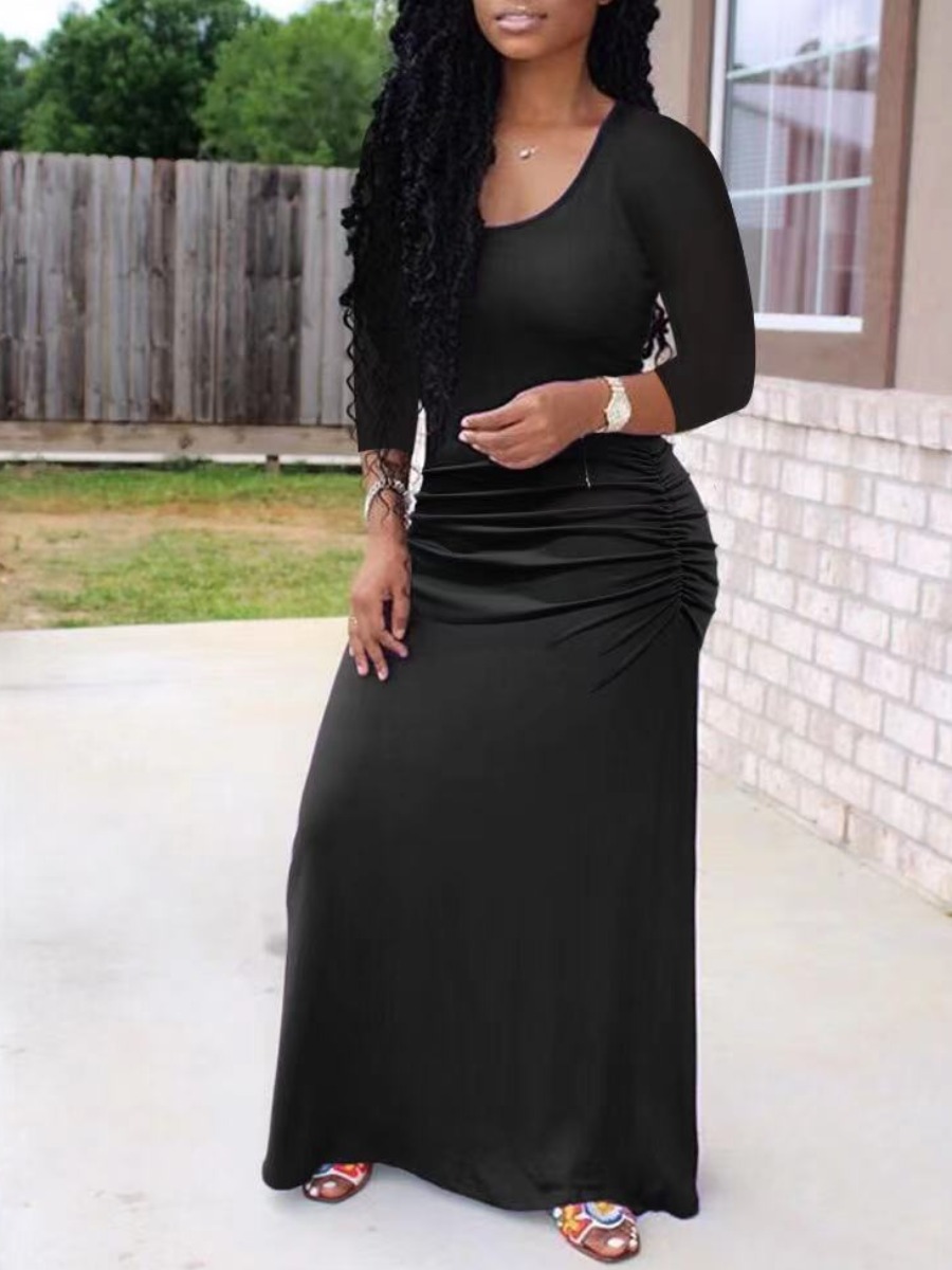 

Lovely Casual U Neck Basic Black Maxi Dress