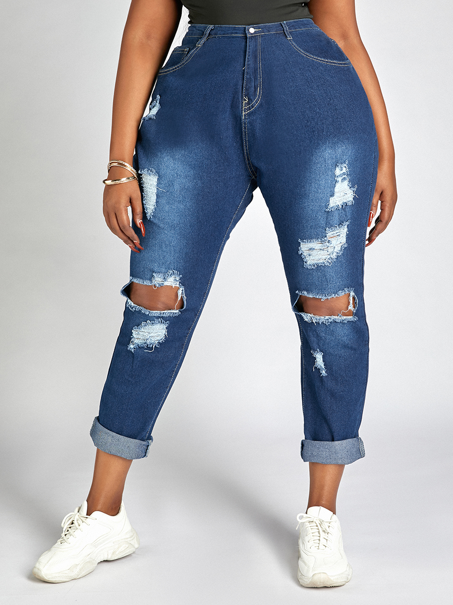 

Lovely Plus Size Casual Mid Waist Ripped Blue Jeans