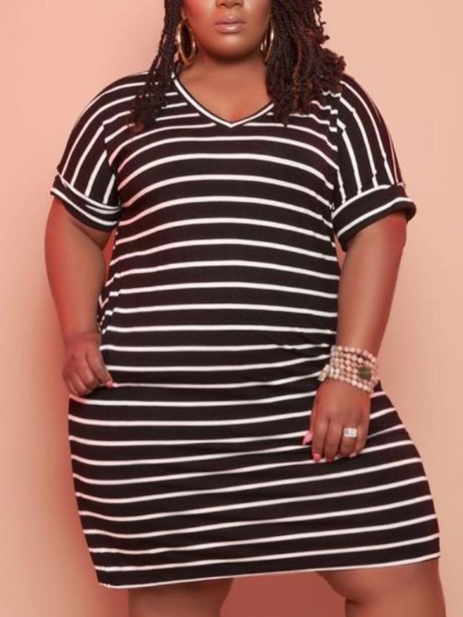 

Lovely Plus Size Casual V Neck Striped Black Knee Length Dress