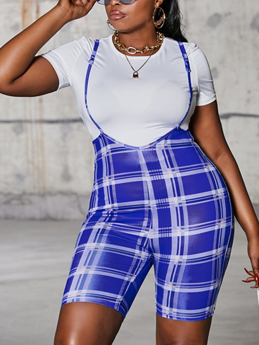 

Lovely Casual O Neck Plaid Print Suspender Blue Two Piece Shorts Set