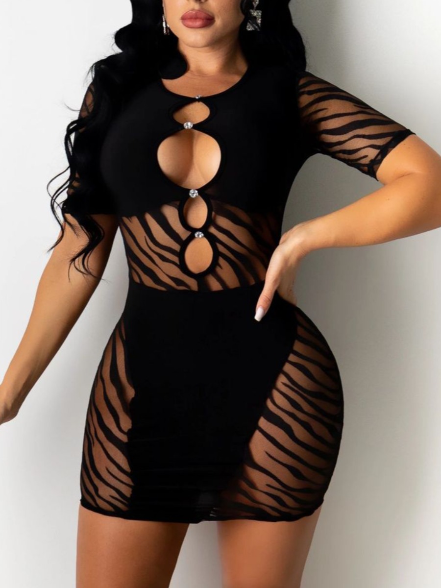 

Lovely Sexy O Neck Hollow-out Black Mini Dress
