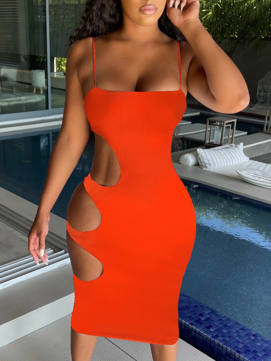 

Lovely Sexy Hollow-out Skinny Jacinth Mid Calf Dress