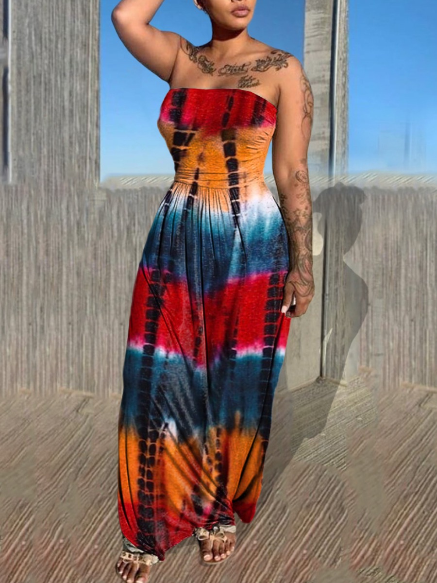 

Lovely Boho Off The Shoulder Tie-dye Red Ankle Length Dress