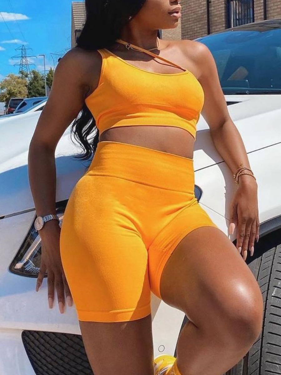 

Lovely Sporty One Shoulder High-waisted Croci Yoga Two Piece Shorts Set