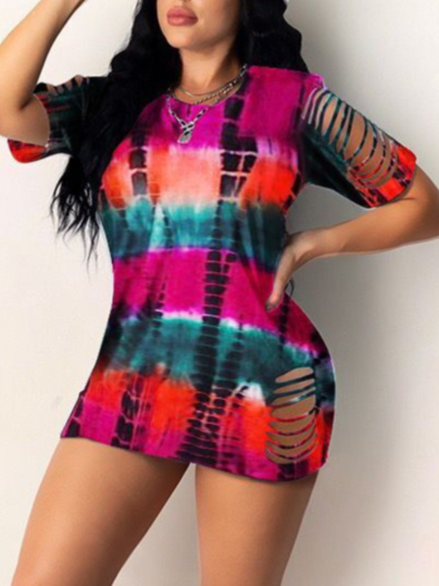 

LW Street O Neck Tie-dye Hollow-out Red Mini Dress