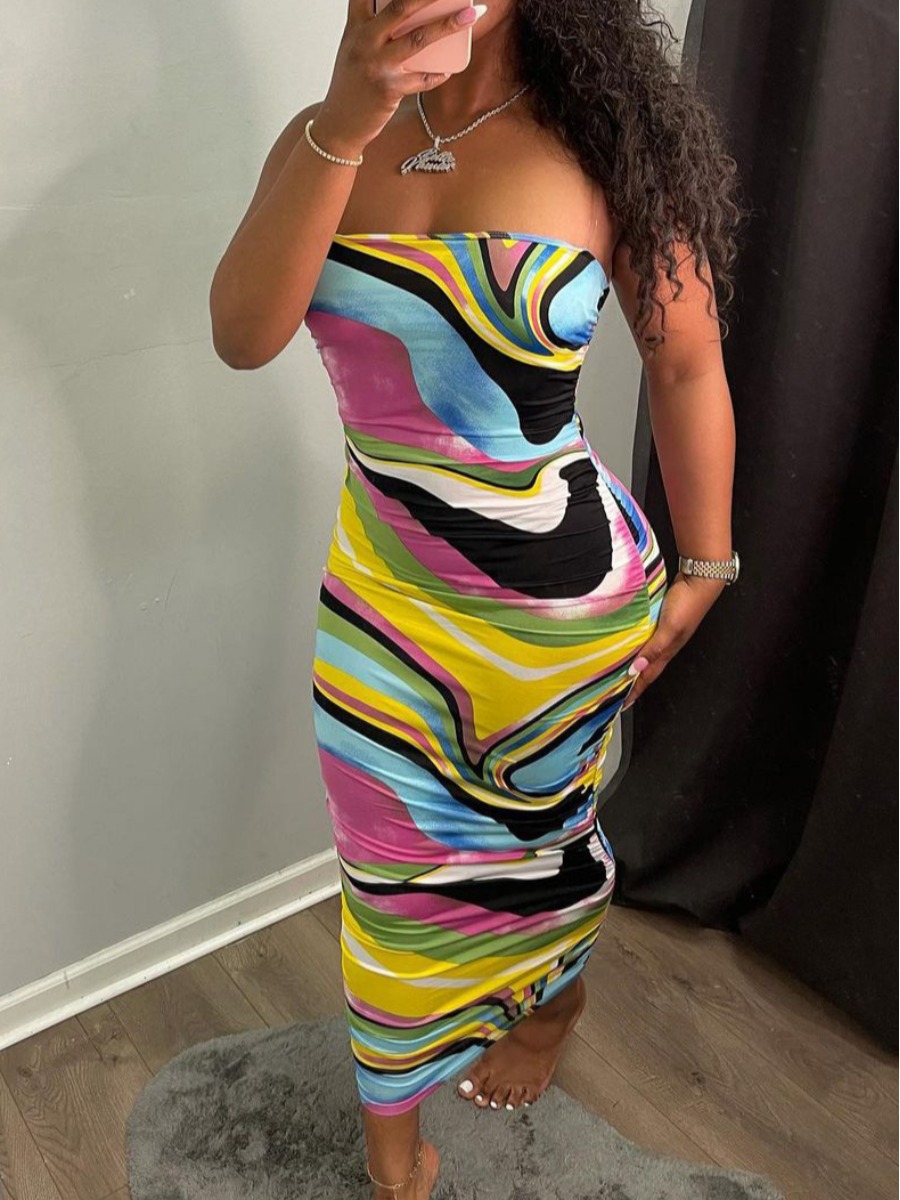 

LW Street Off The Shoulder Print Multicolor Ankle Length Dress, Multi