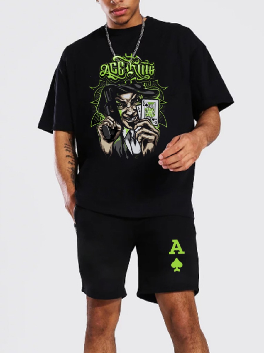 

Lovely Men Casual Graffiti Letter Print Black Two Piece Shorts Set