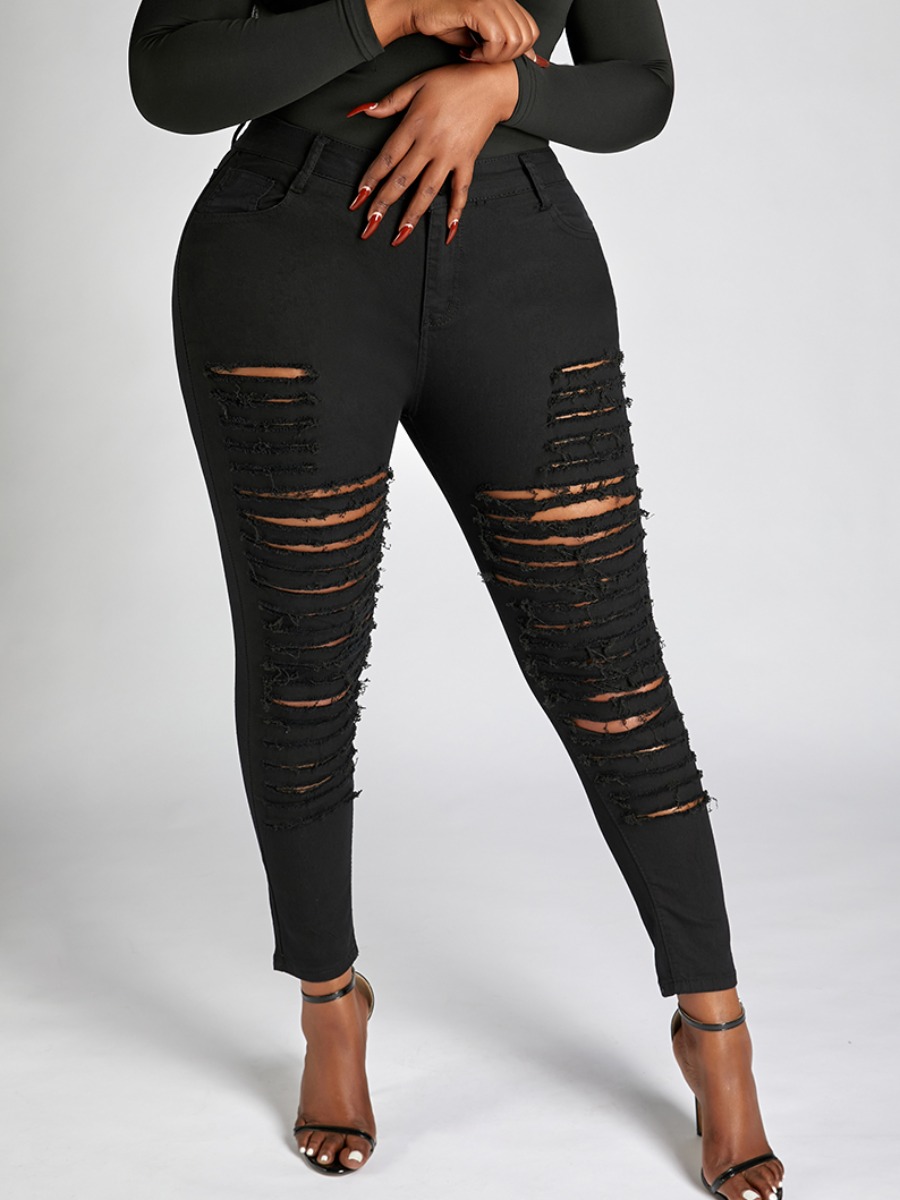 

Lovely Plus Size Street Mid Waist Ripped Black Jeans