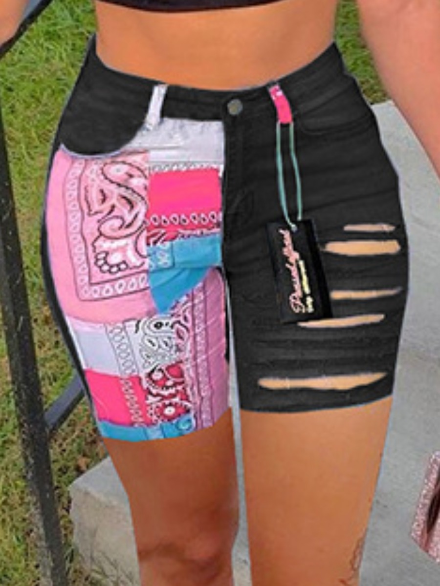 

LW Casual Cashew Print Ripped Black Denim Shorts