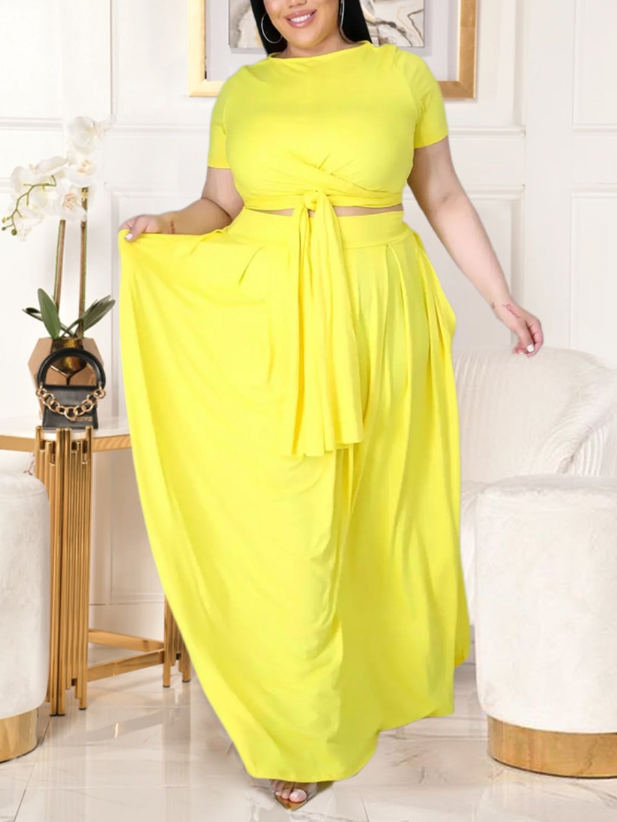 

LW BASICS Plus Size Boho Bandage Fold Design Yellow Two-piece Skirt Set