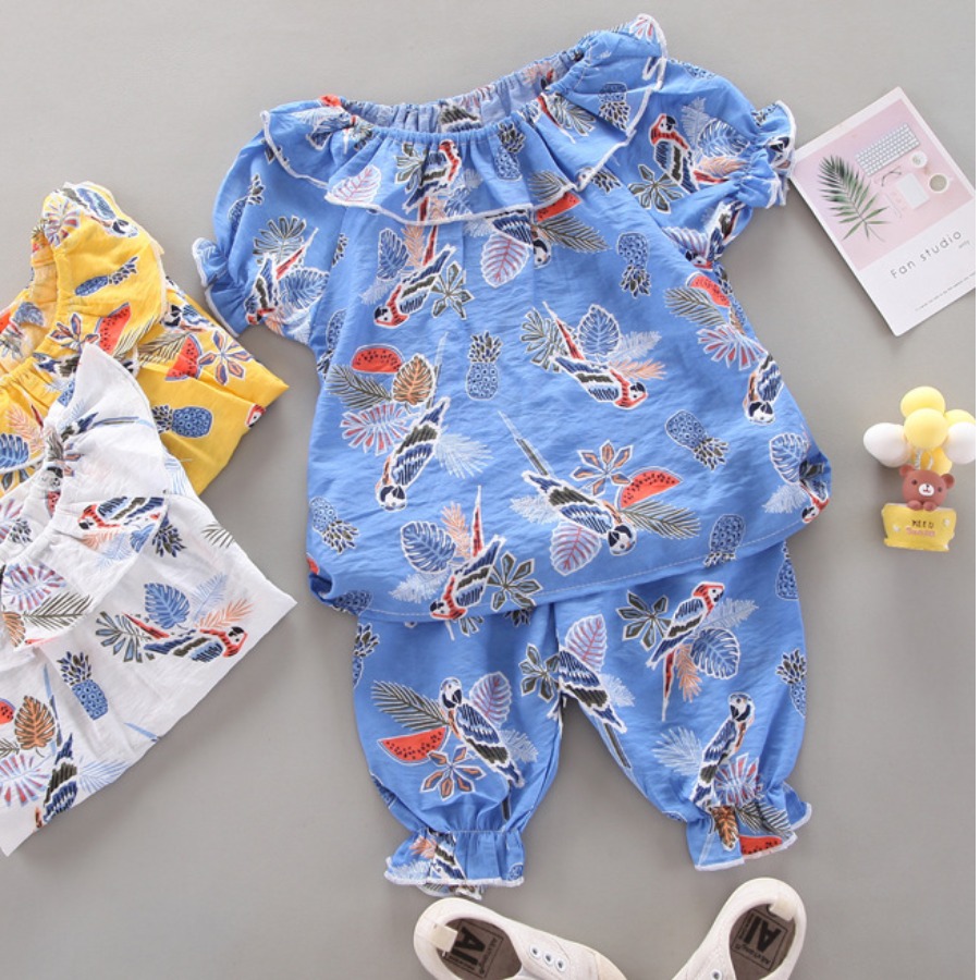

Lovely Girl Sweet Floral Print Ruffle Design Baby Blue Two Piece Shorts Set