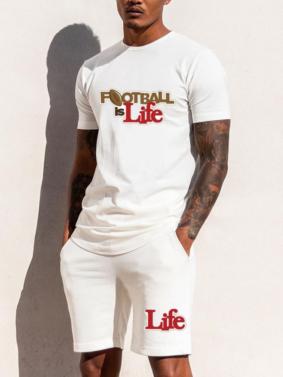 

Lovely Men Sporty O Neck Letter Print White Two Piece Shorts Set