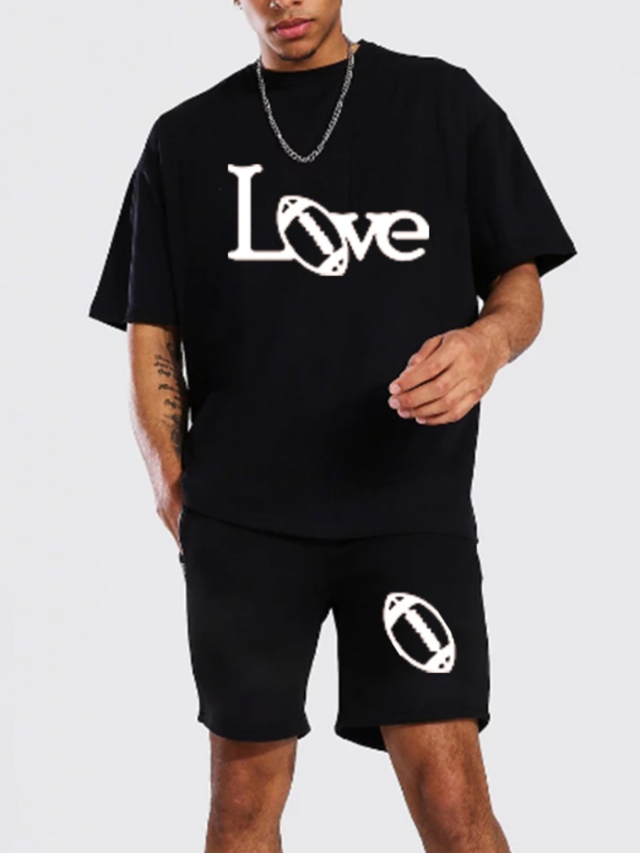 

Lovely Men Sporty Ball-shaped Letter Print Black Two Piece Shorts Set