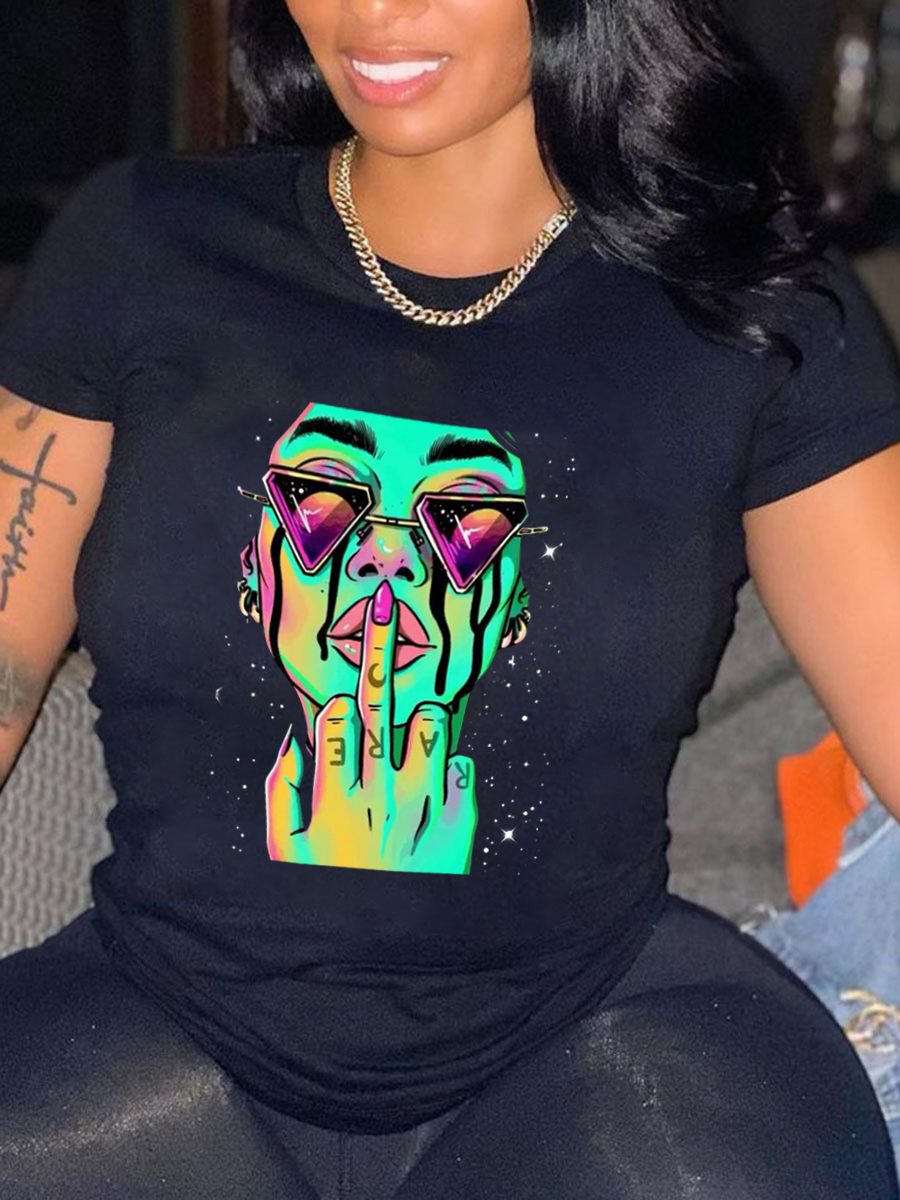 

Lovely Street O Neck Graffiti Print Black T-shirt