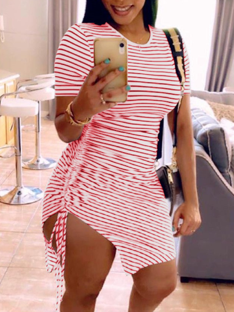 

Lovely Casual Striped Drawstring Red Mini Dress, Red stripe