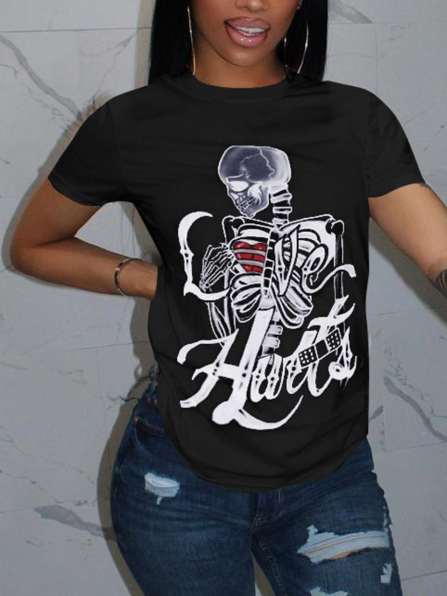 

LW Street Skeleton Letter Print Black T-shirt