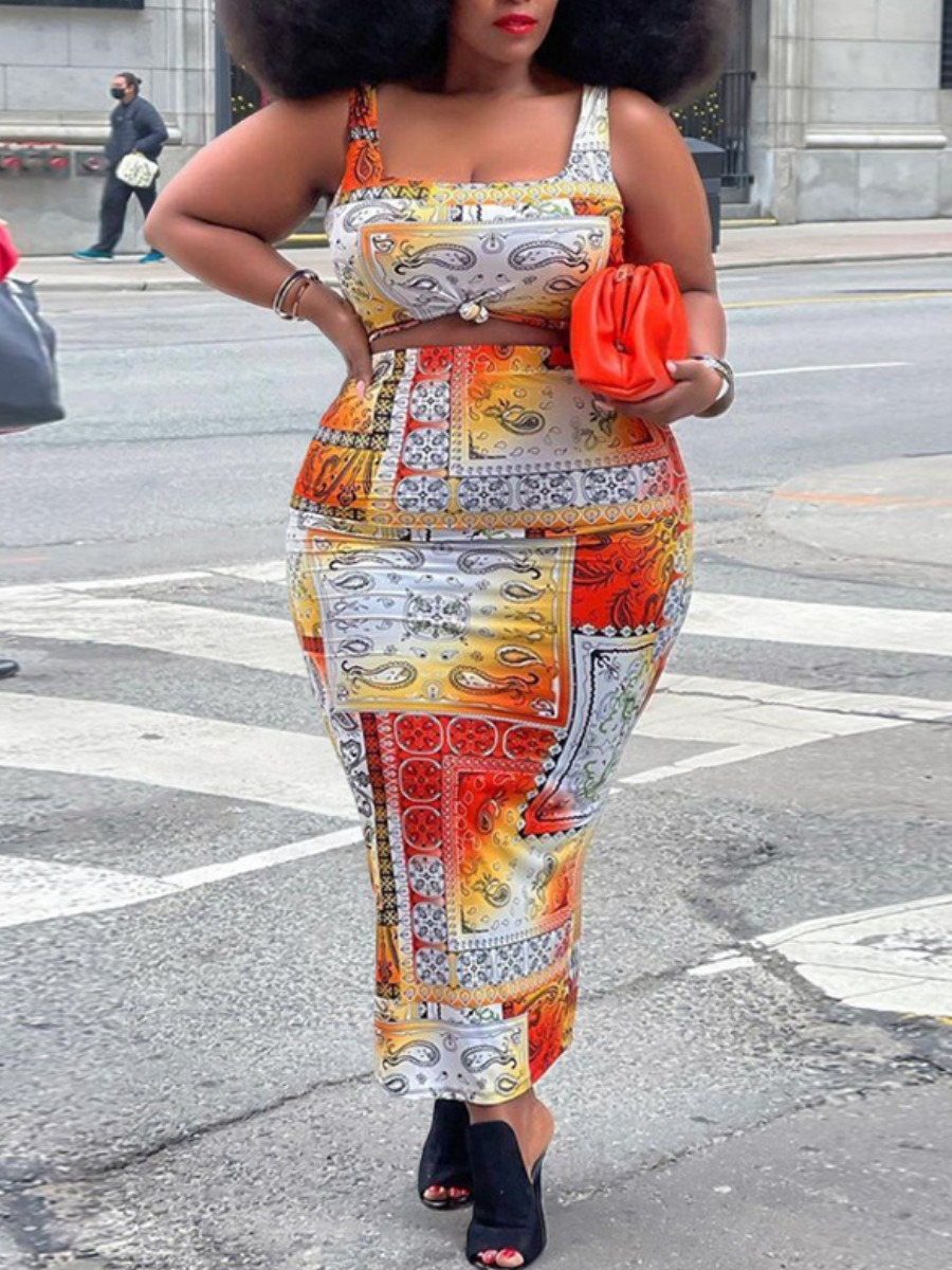 

Lovely Plus Size Street Cashew Print Split Orange Two-piece Skirt Set