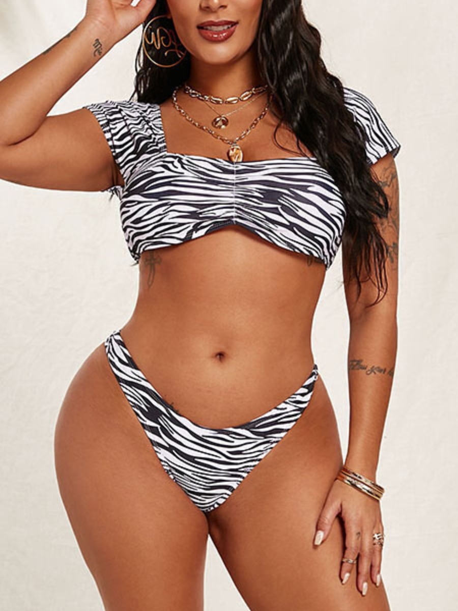 

Lovely Boho Square Neck Zebra Stripe Tankini