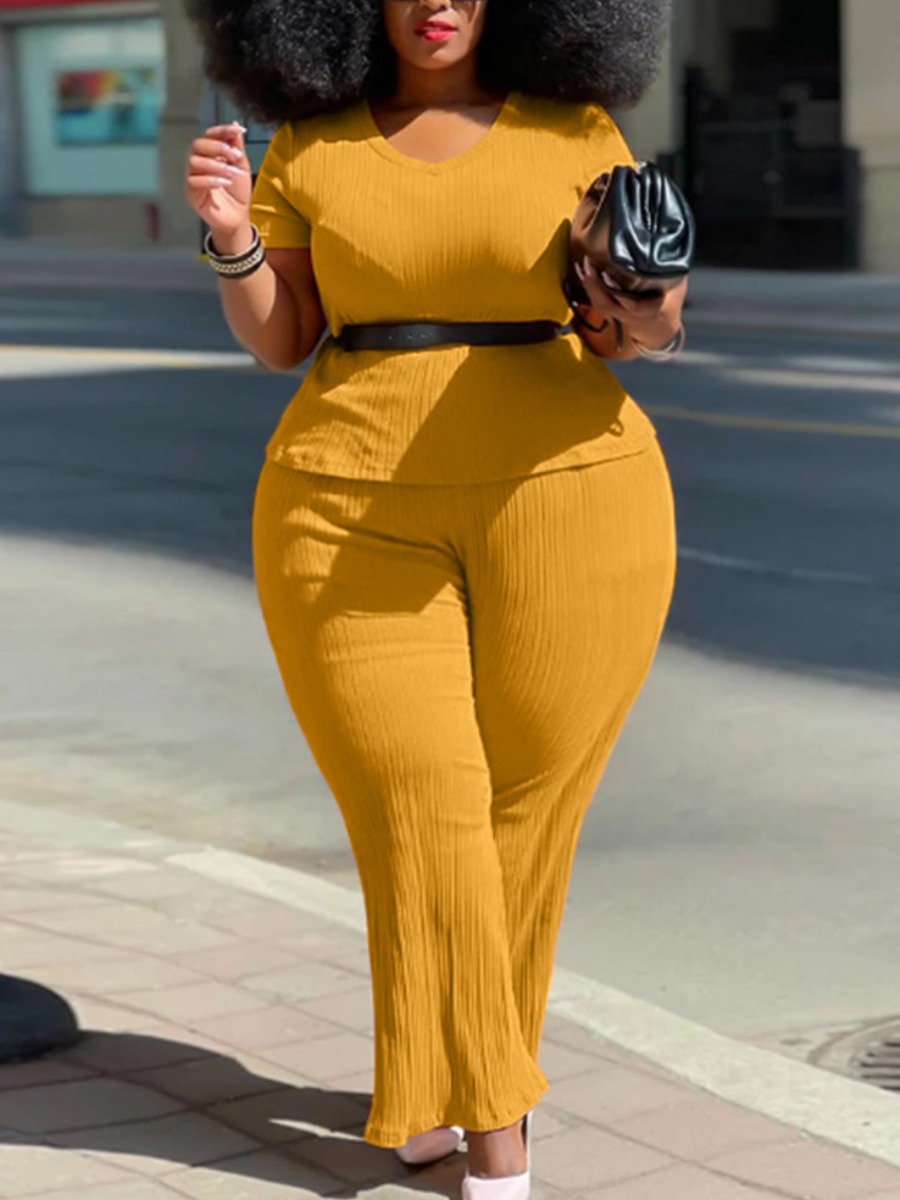 

LW Plus Size Street O Neck Flared Yellow Two-piece Pants Set(Without Belt)