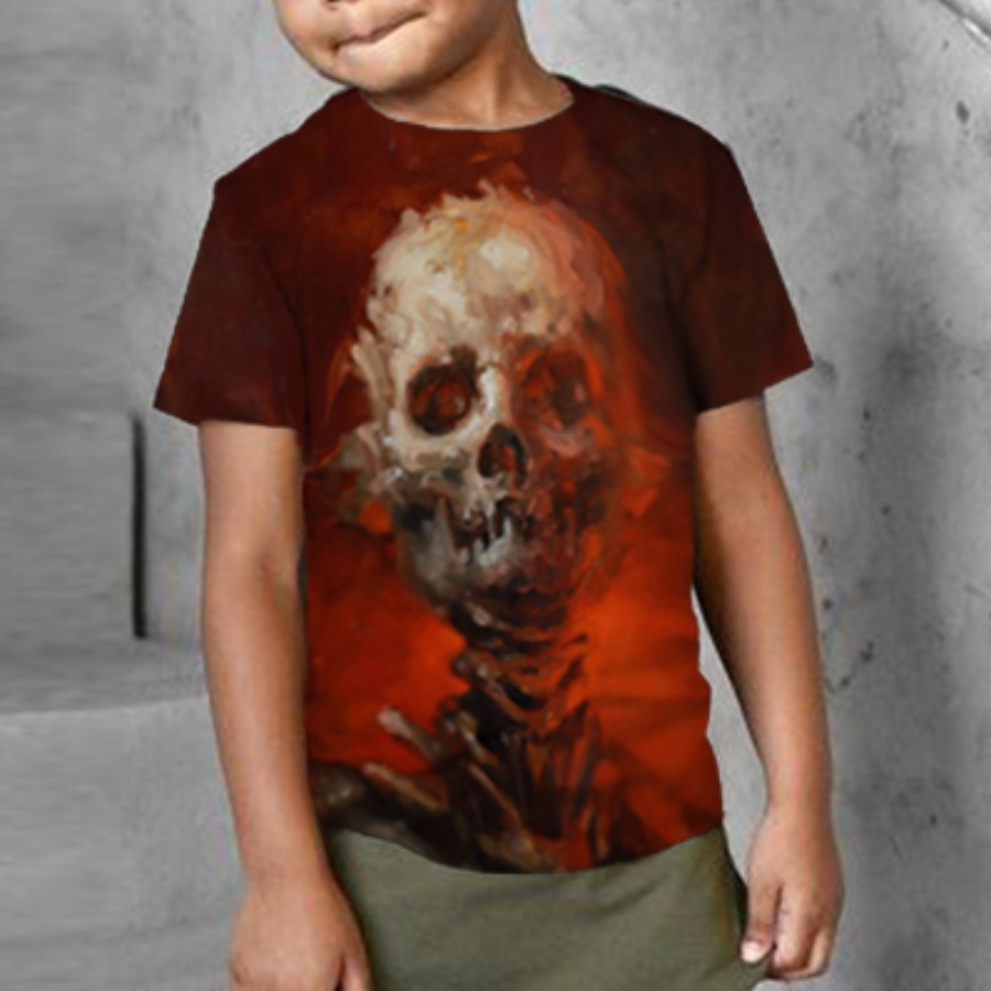 

Lovely Boy Street O Neck Skull Head Print Deep Orange T-shirt