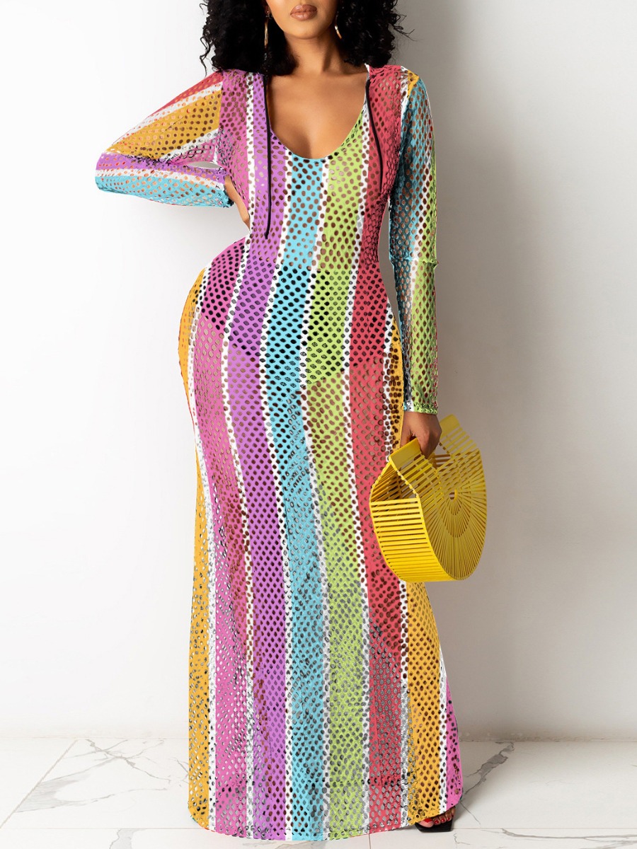 

Lovely Boho Hooded Collar Striped Hollow-out Multicolor Cover-up, Multicolor mstn