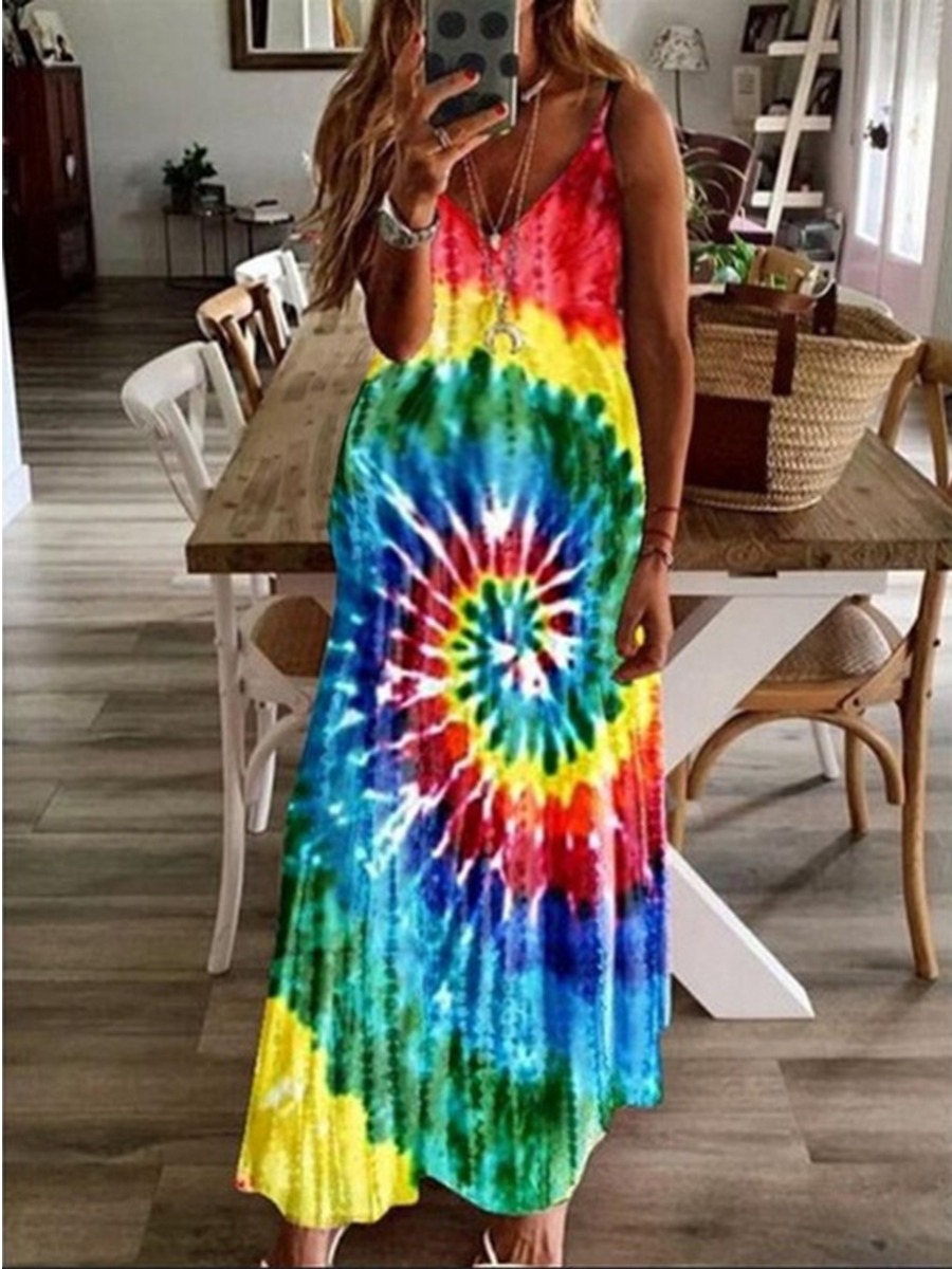 

Lovely Plus Size Boho V Neck Tie-dye Red Ankle Length Dress