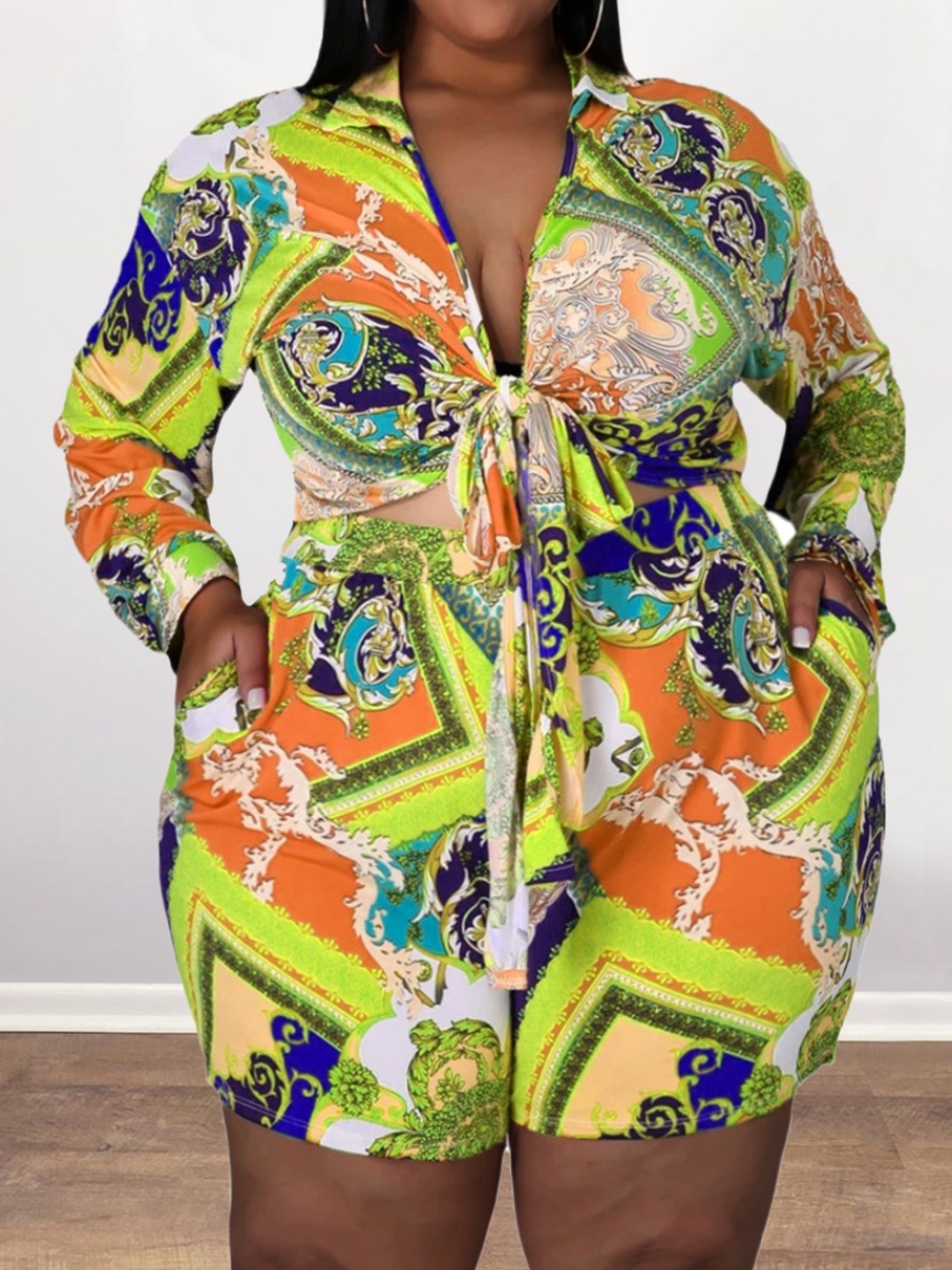 

Lovely Plus Size Boho Print Bandage Design Yellow Two-piece Shorts Set