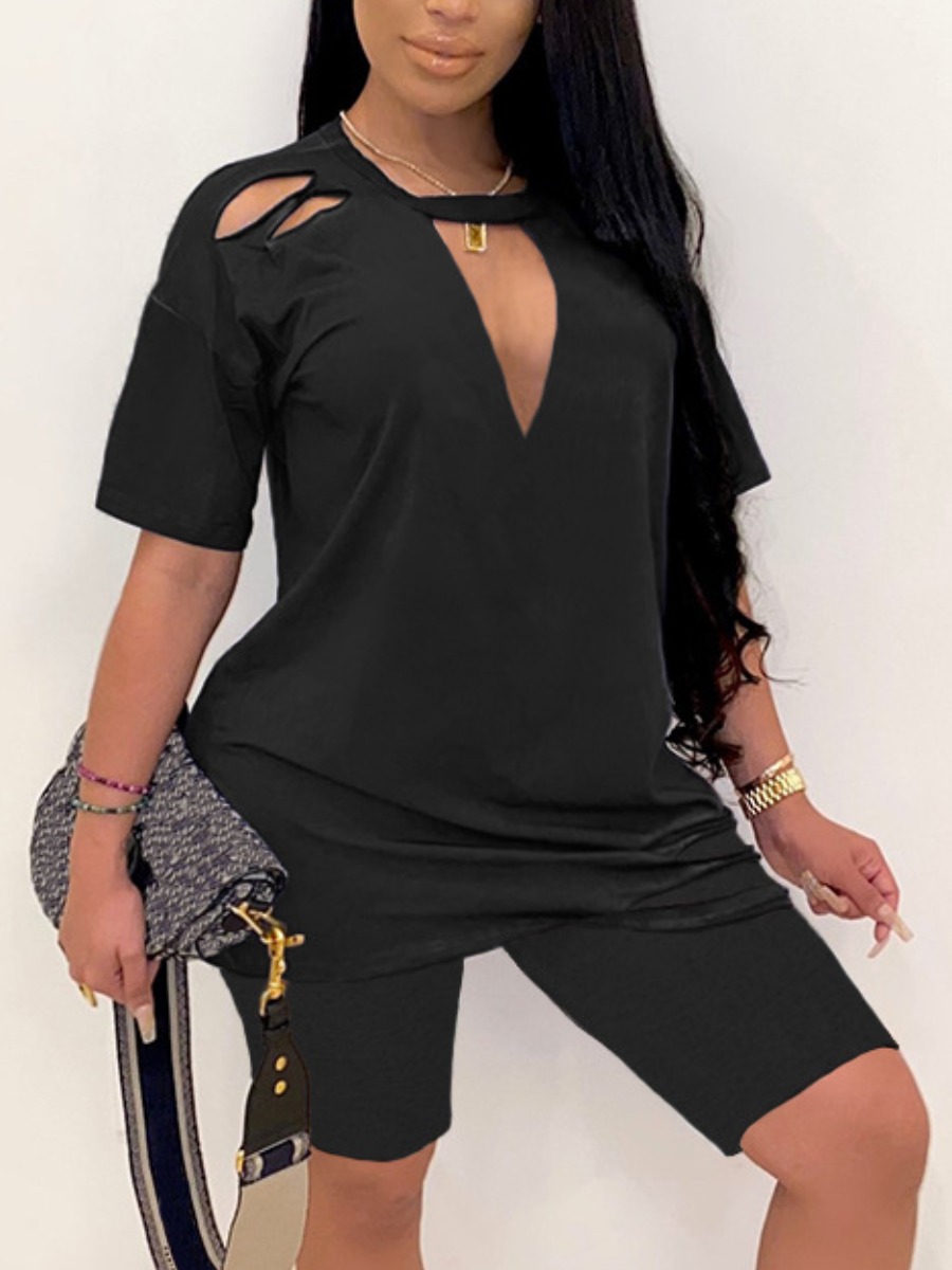 

Lovely Plus Size Street Dropped Shoulder Hollow-out Black Two-piece Shorts Set