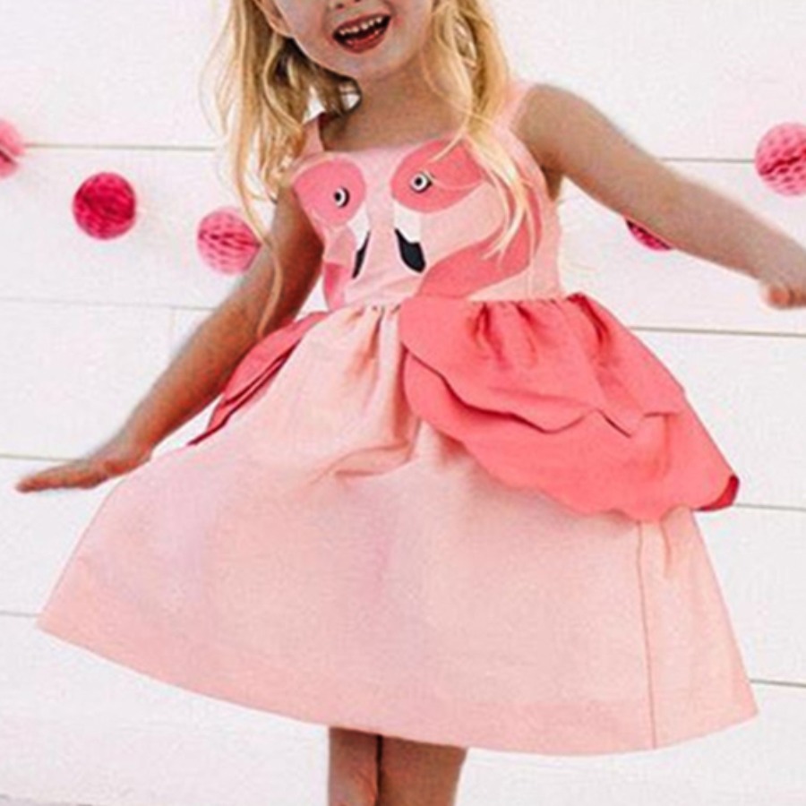 

Lovely Girl Sweet Cartoon Print Flounce Design Pink Knee Length Dress