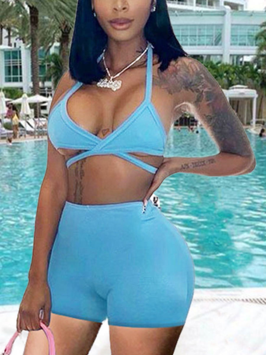 

Lovely Sporty Bandage Design Basic Skinny Baby Blue Two Piece Shorts Set