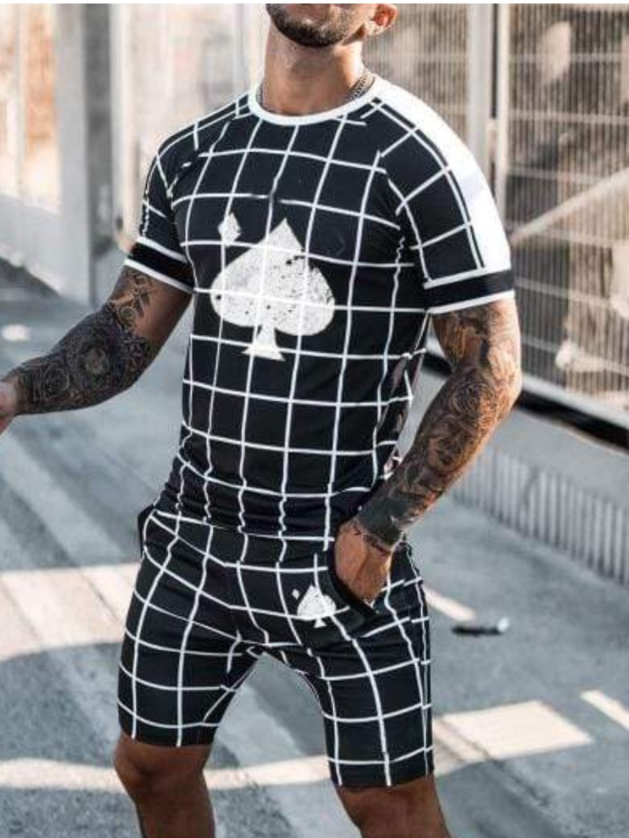 

Lovely Men Casual O Neck Plaid Print Black Two Piece Shorts Set
