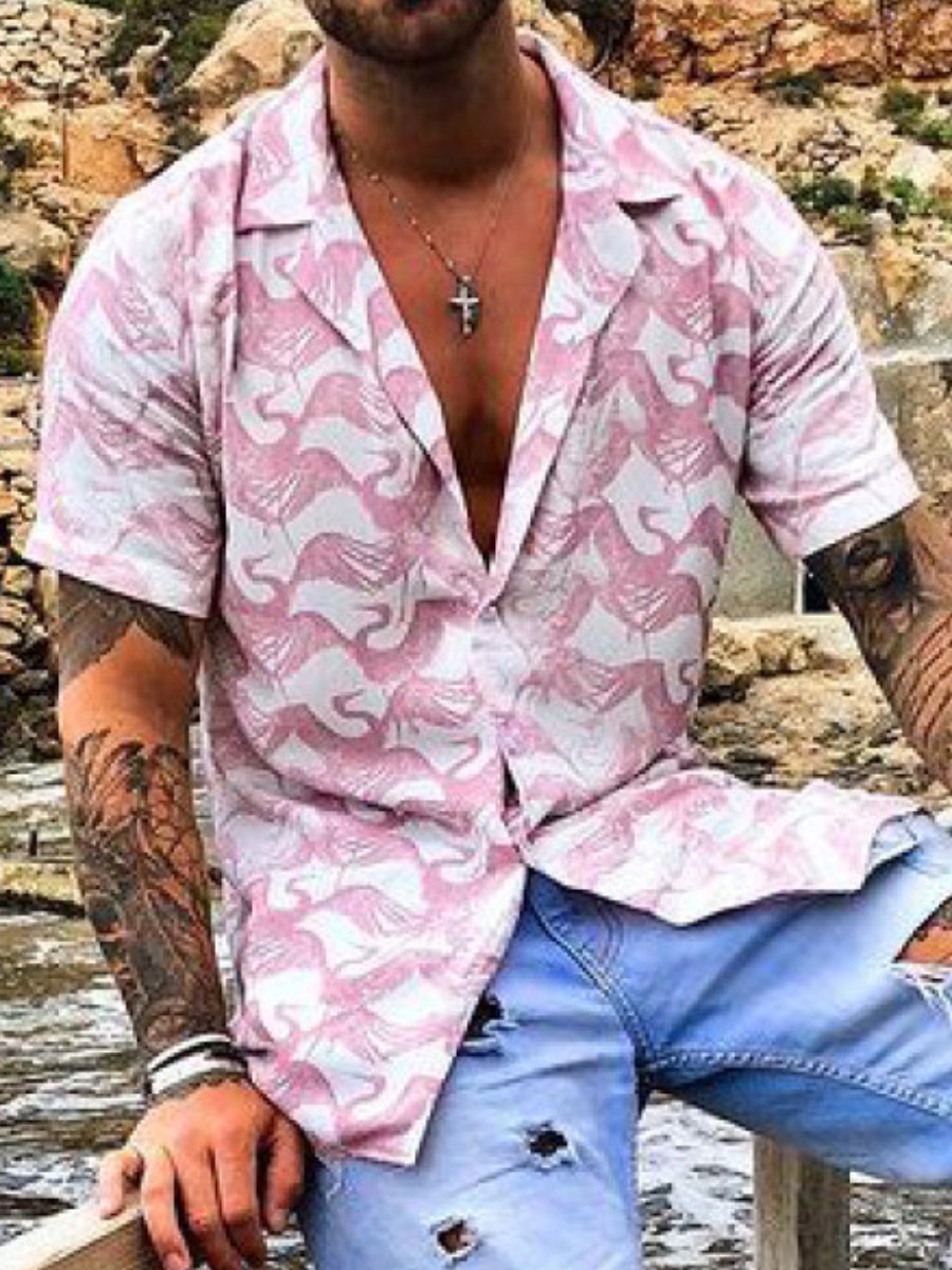 

LW BASICS Men Casual Turndown Collar Flamingo Print Pink Two Piece Shorts Set