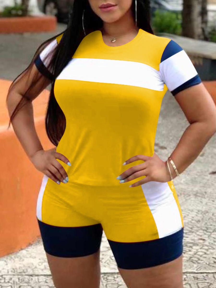 

Lovely Plus Size Street O Neck Color-lump Yellow Two-piece Shorts Set