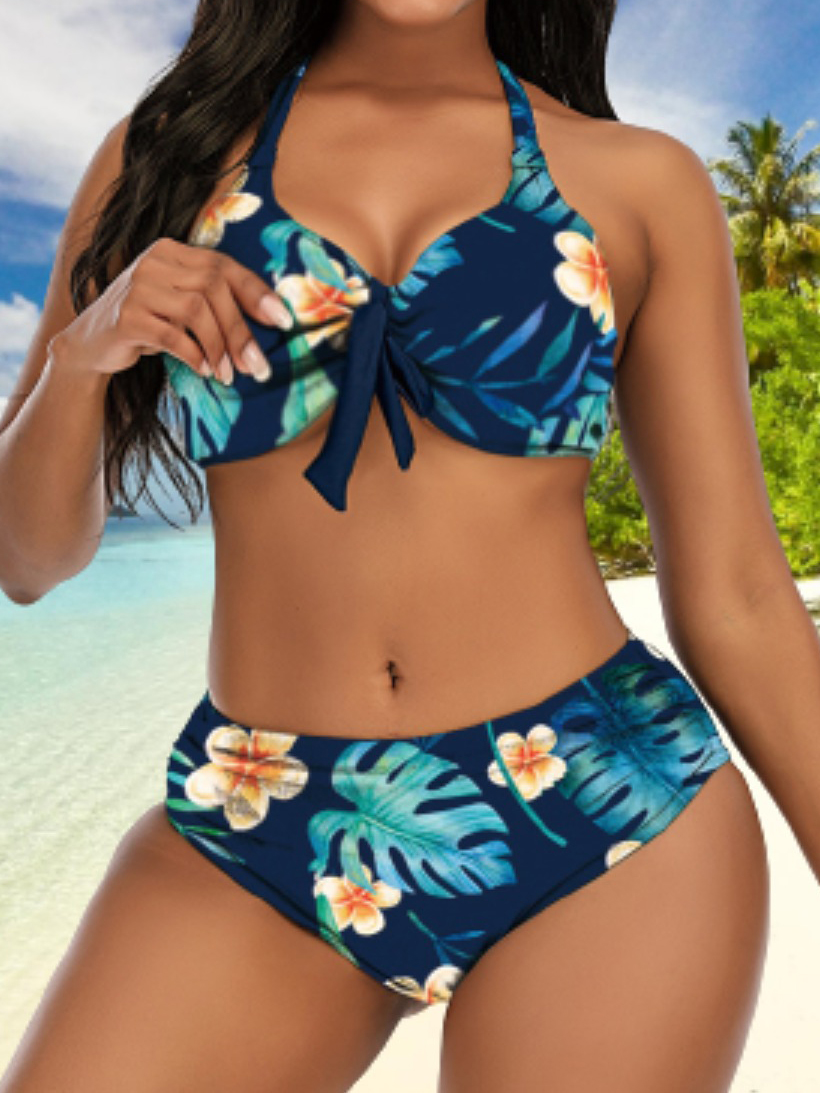 

Lovely Plus Size Boho Floral Print Bandage Design Blue Two-piece Swimsuit