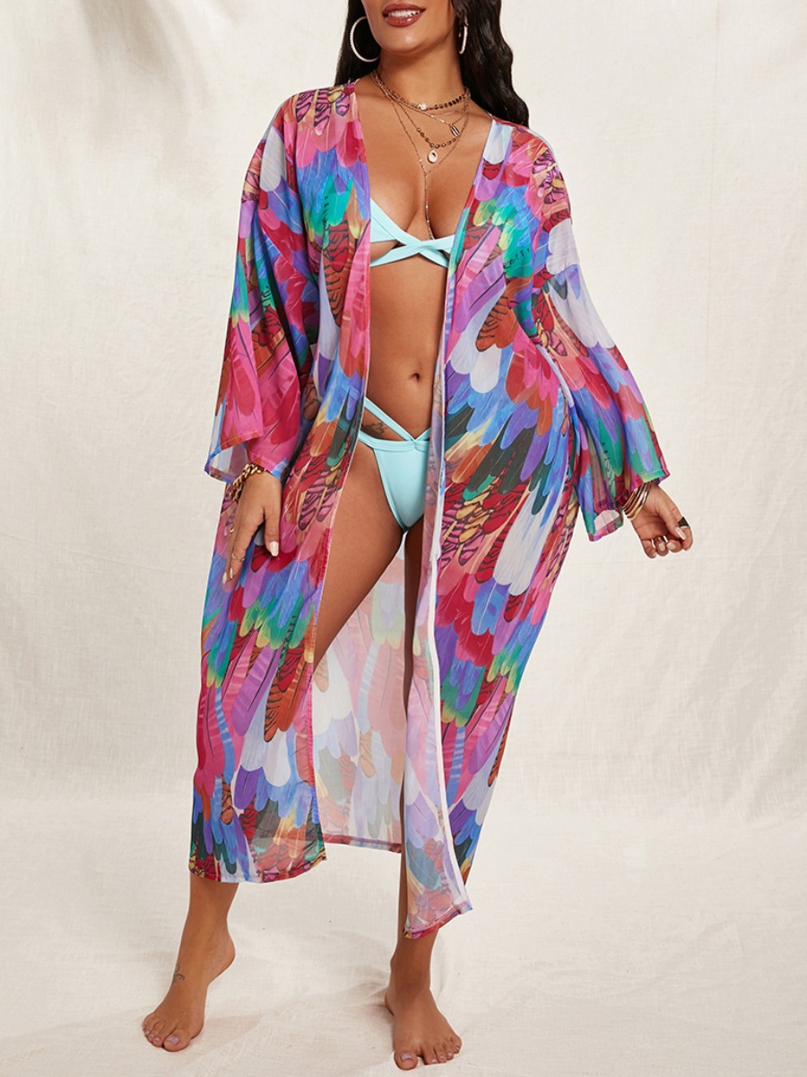 

Lovely Boho Feather Print See-through Multicolor Cover-up, Multi