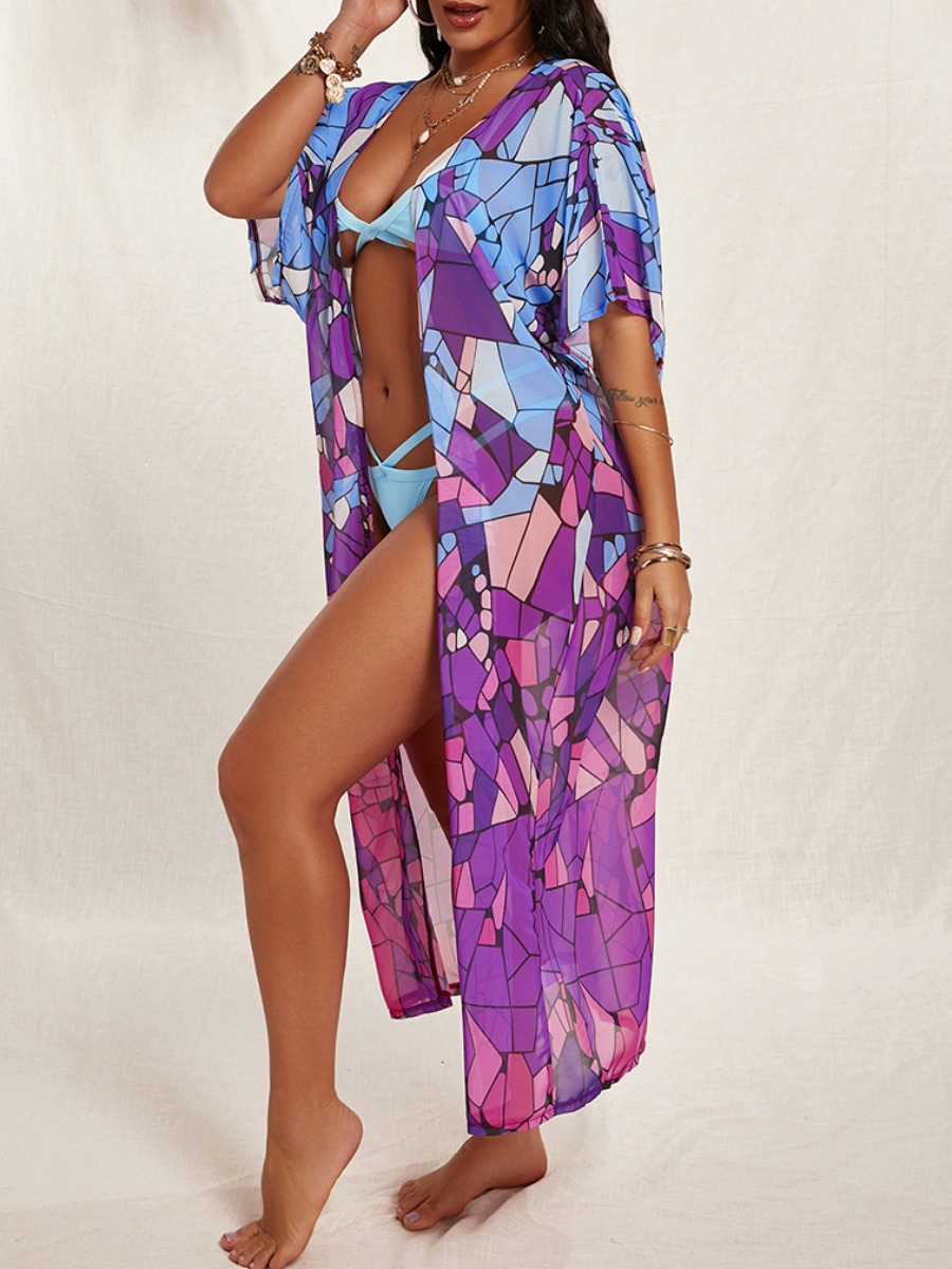 

Lovely Boho Geometric Print See-through Purple Cover-up