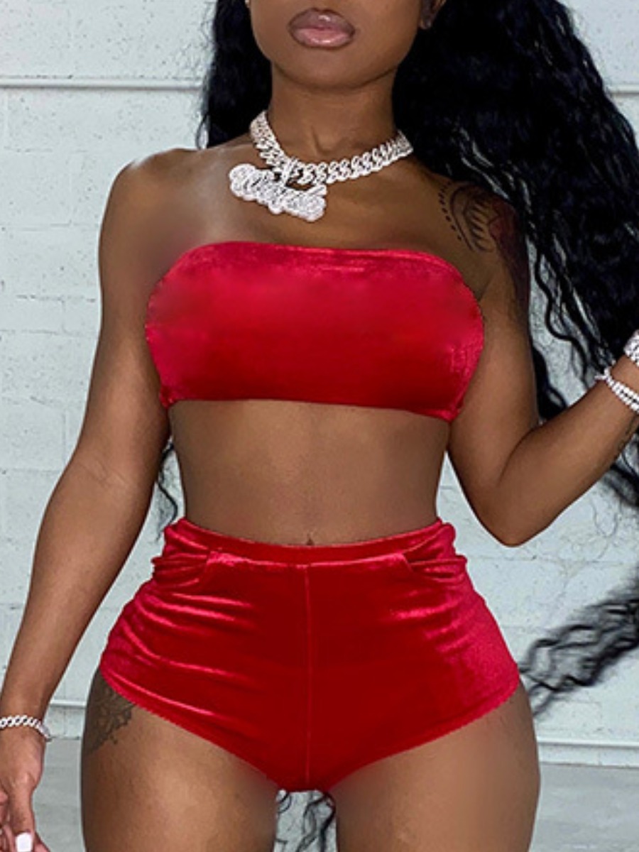 

Lovely Sexy Off The Shoulder High-waisted Red Two Piece Shorts Set