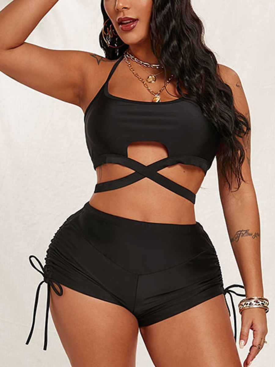

Lovely Boho Hollow-out Drawstring Black Two-piece Swimsuit