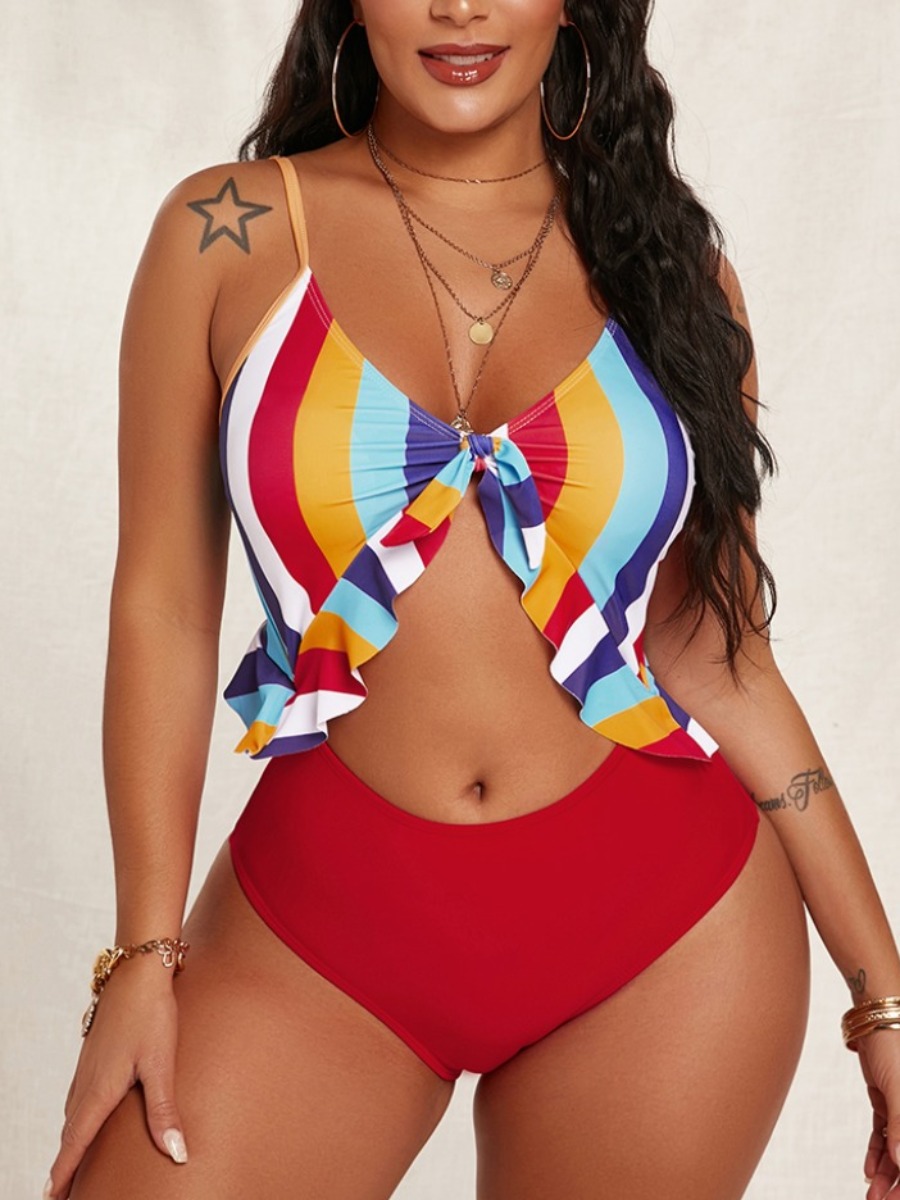 

Lovely Boho Striped Flounce Design Hollow-out Red One-piece Swimsuit