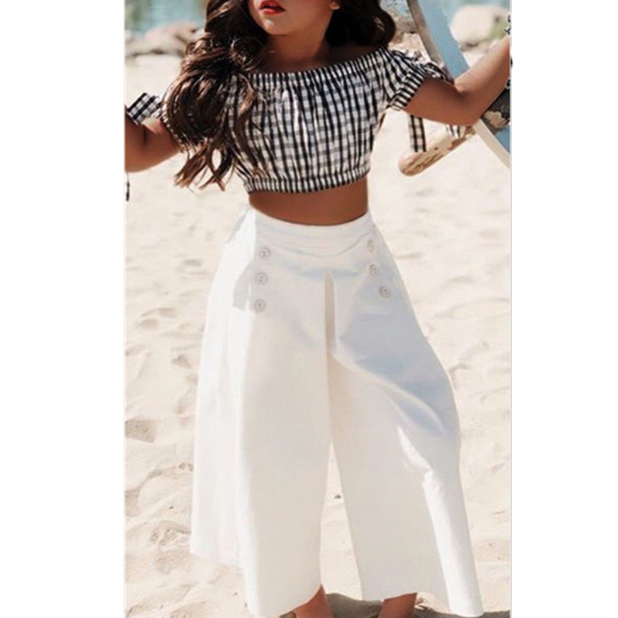 

LW COTTON Girl Casual Plaid Print Ruffle Design White Two Piece Pants Set