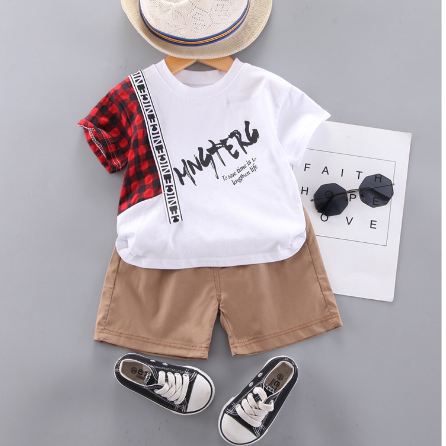 

Lovely Boy Street Plaid Letter Print White Two Piece Shorts Set