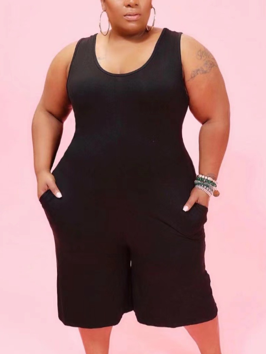 

Lovely Plus Size Casual U Neck Pocket Design Black One-piece Romper